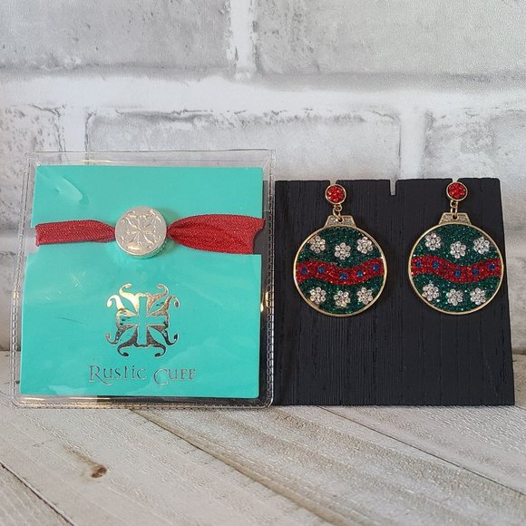Christmas Bracelet and Ornament Earrings Blingy Sparkles Pierced Rustic Cuff - Picture 1 of 6